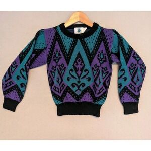 Vtg 80's Kid's Ski Jumper Sweater Tomorrow's Generation Small 8ish Teal Purple